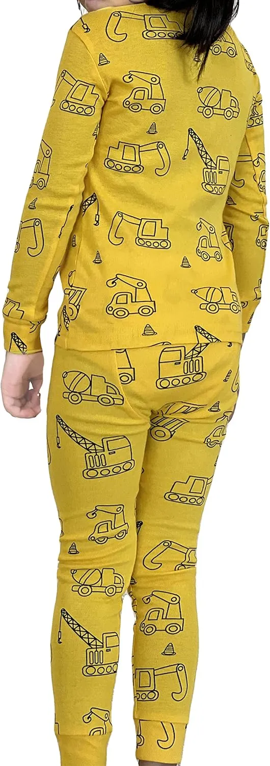 12M-5Y Kids Toddlers Girls Boys Baby 100% Cotton Construction Figures Snug Fit Sleepwear Pajamas 2 Pcs Pjs Set
