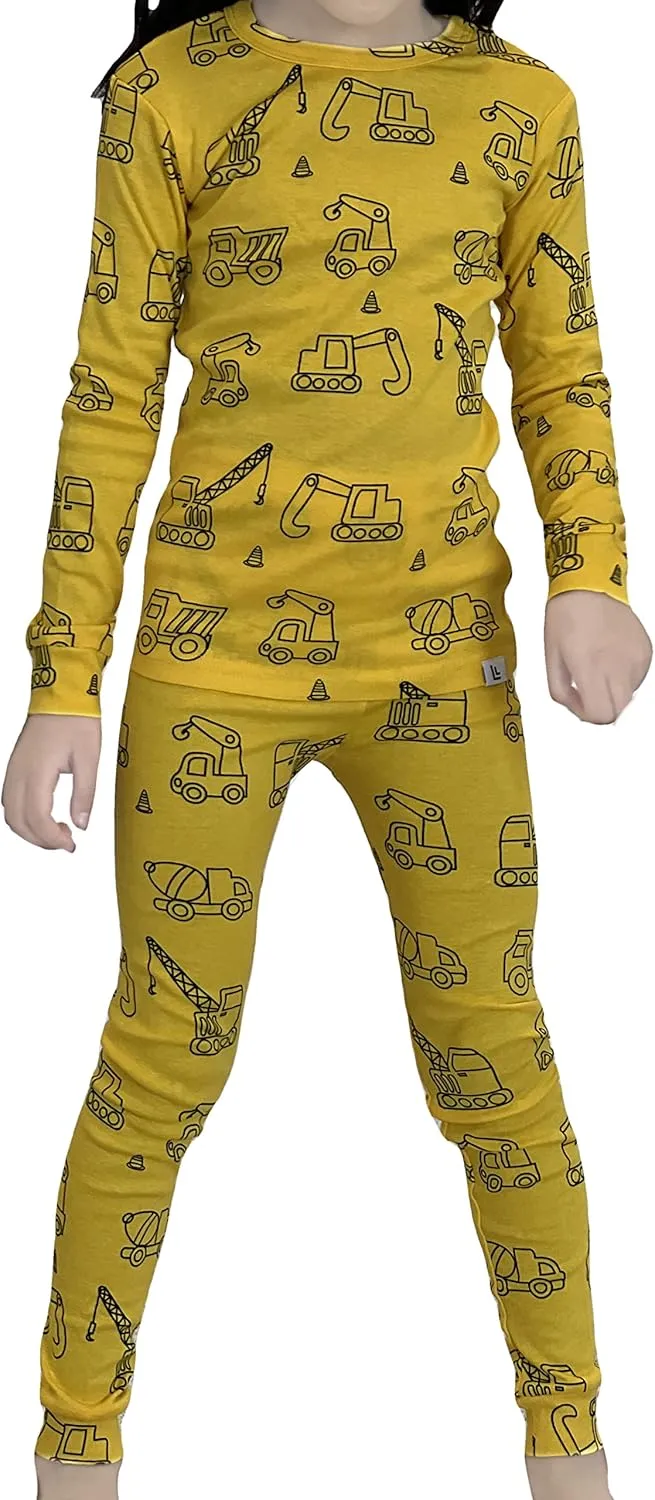 12M-5Y Kids Toddlers Girls Boys Baby 100% Cotton Construction Figures Snug Fit Sleepwear Pajamas 2 Pcs Pjs Set