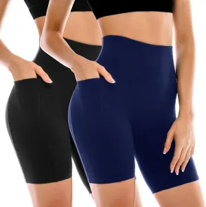 2 Pack Womens Biker Shorts with Pockets, High Waisted Tummy Control Yoga Shorts for Women Running Gym and Workout