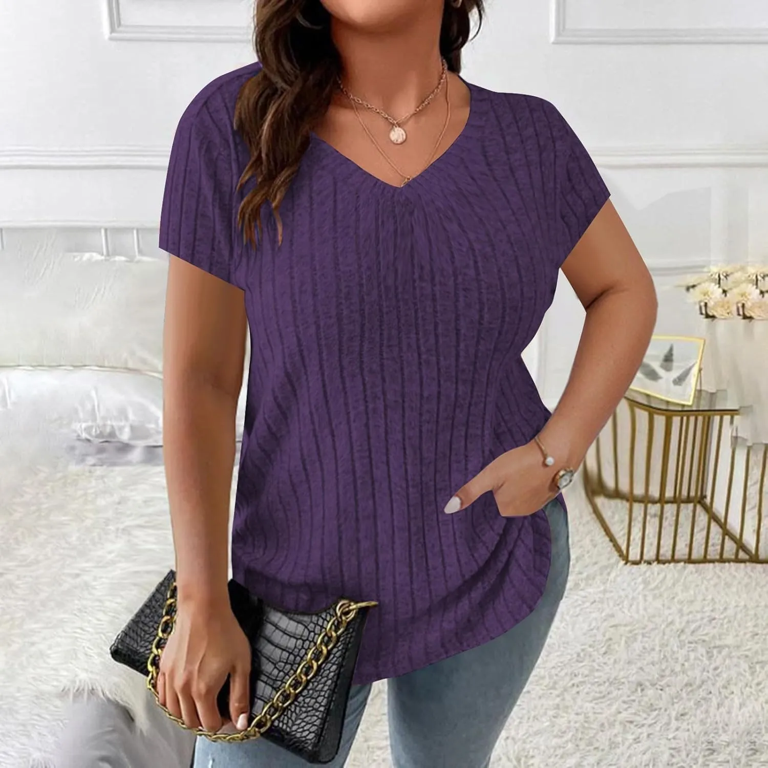 2025 Women's Plus Size Ribbed Tops Casual Trendy V Neck Solid Color Shirts Lightweight Short Sleeve Blouses Tees