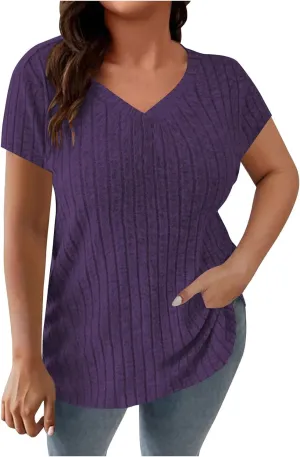 2025 Women's Plus Size Ribbed Tops Casual Trendy V Neck Solid Color Shirts Lightweight Short Sleeve Blouses Tees