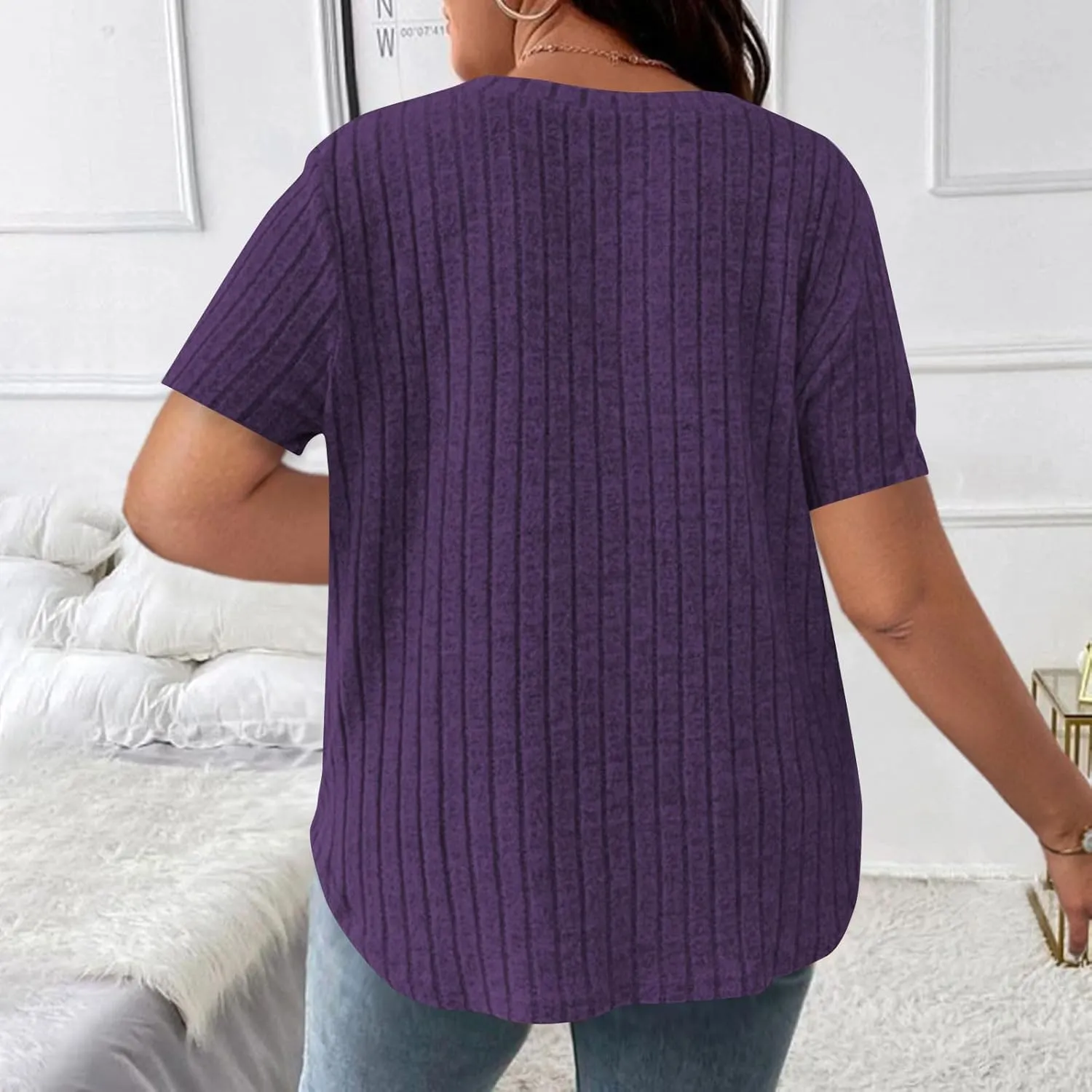 2025 Women's Plus Size Ribbed Tops Casual Trendy V Neck Solid Color Shirts Lightweight Short Sleeve Blouses Tees