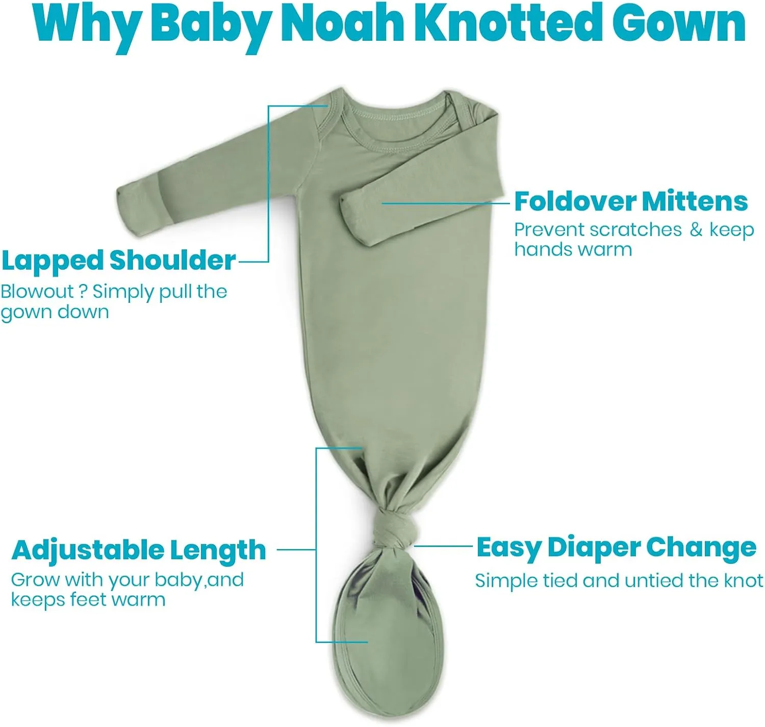 2Pack Knotted Gown Baby, Super Soft Long Sleeve Newborn Hospital Outfit Boy Girl Coming Home, Built-In Mittens Clothes