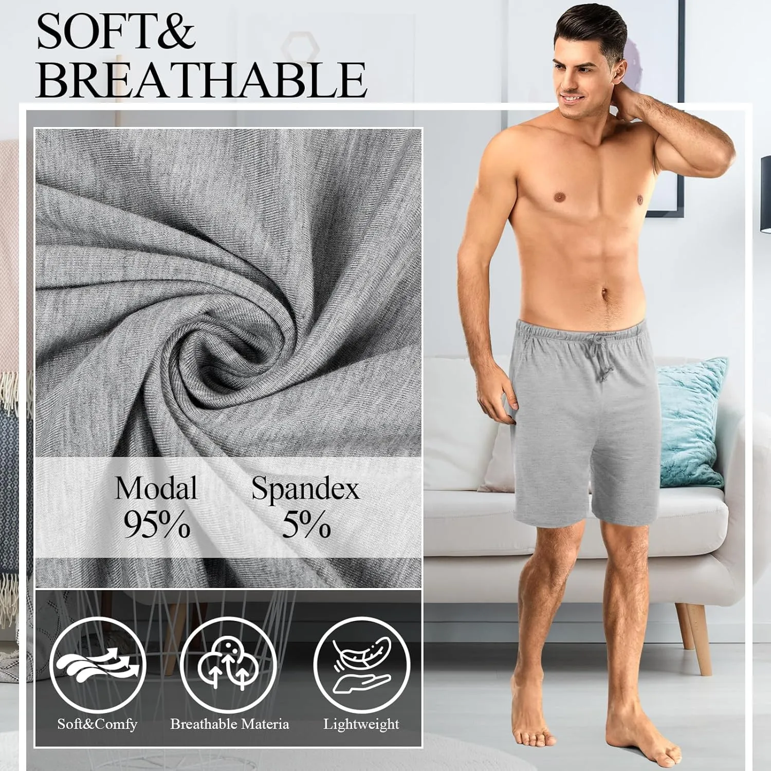 3 Pack Men's Pajama Shorts Sleep Lounge Shorts Sleepwear Pants Big and Tall Sleep Pj Bottoms Elastic Waist with Pockets