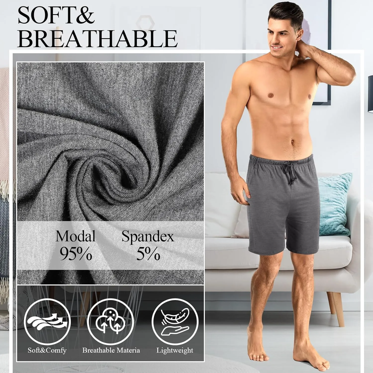 3 Pack Men's Pajama Shorts Sleep Lounge Shorts Sleepwear Pants Big and Tall Sleep Pj Bottoms Elastic Waist with Pockets