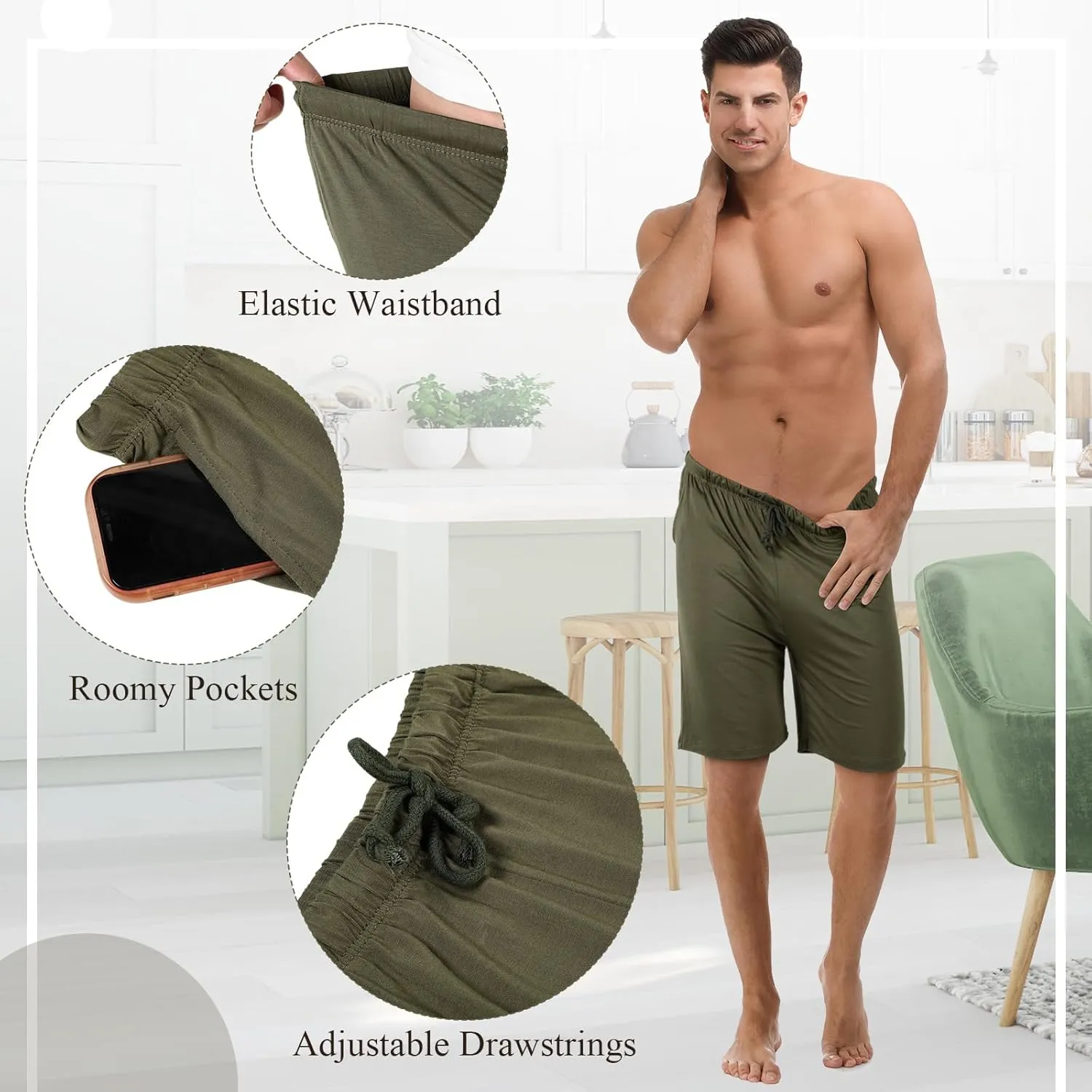 3 Pack Men's Pajama Shorts Sleep Lounge Shorts Sleepwear Pants Big and Tall Sleep Pj Bottoms Elastic Waist with Pockets
