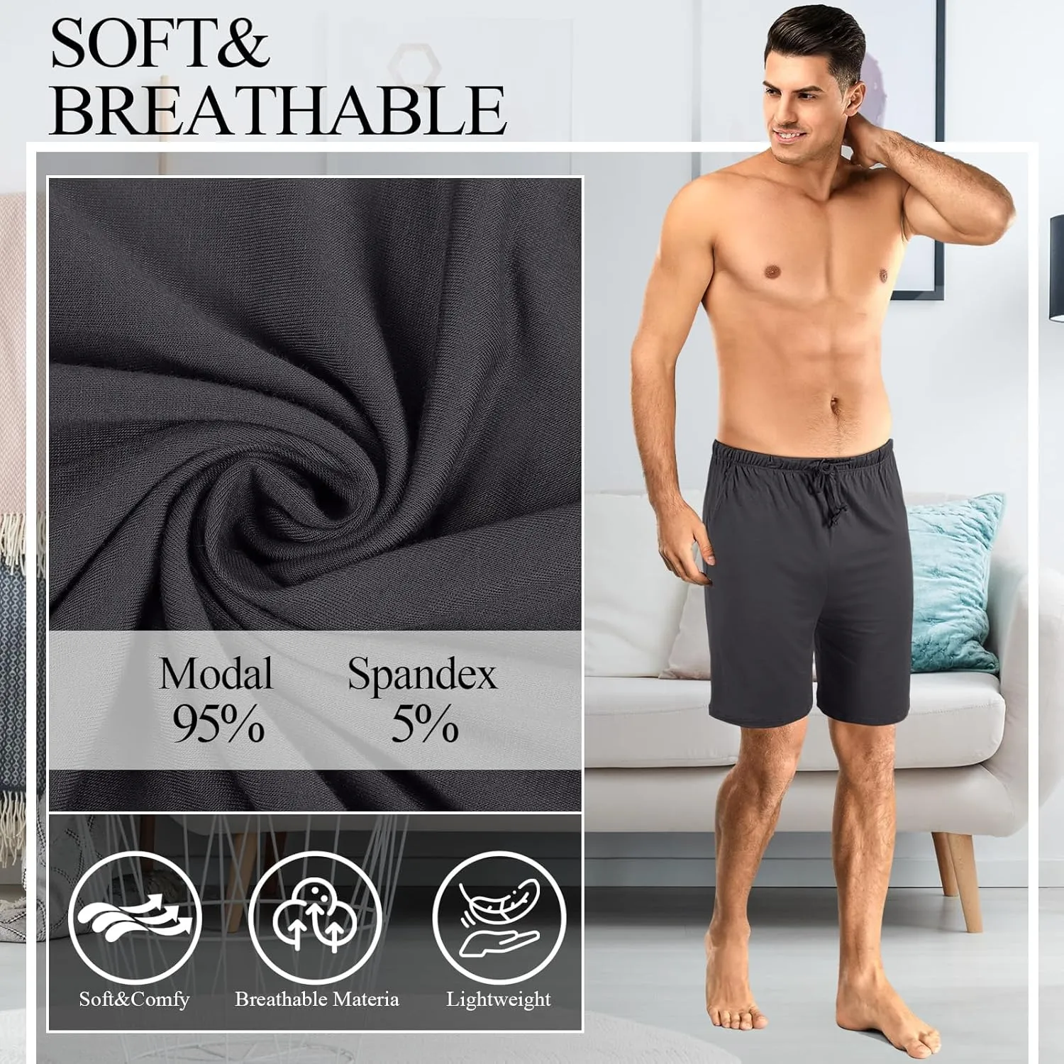 3 Pack Men's Pajama Shorts Sleep Lounge Shorts Sleepwear Pants Big and Tall Sleep Pj Bottoms Elastic Waist with Pockets