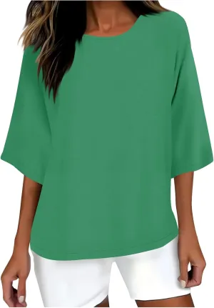 3/4 Sleeve Linen Tops for Women Loose Fit Round Neck Shirts Cotton Solid Color Summer Beach Tee Oversized Shirts