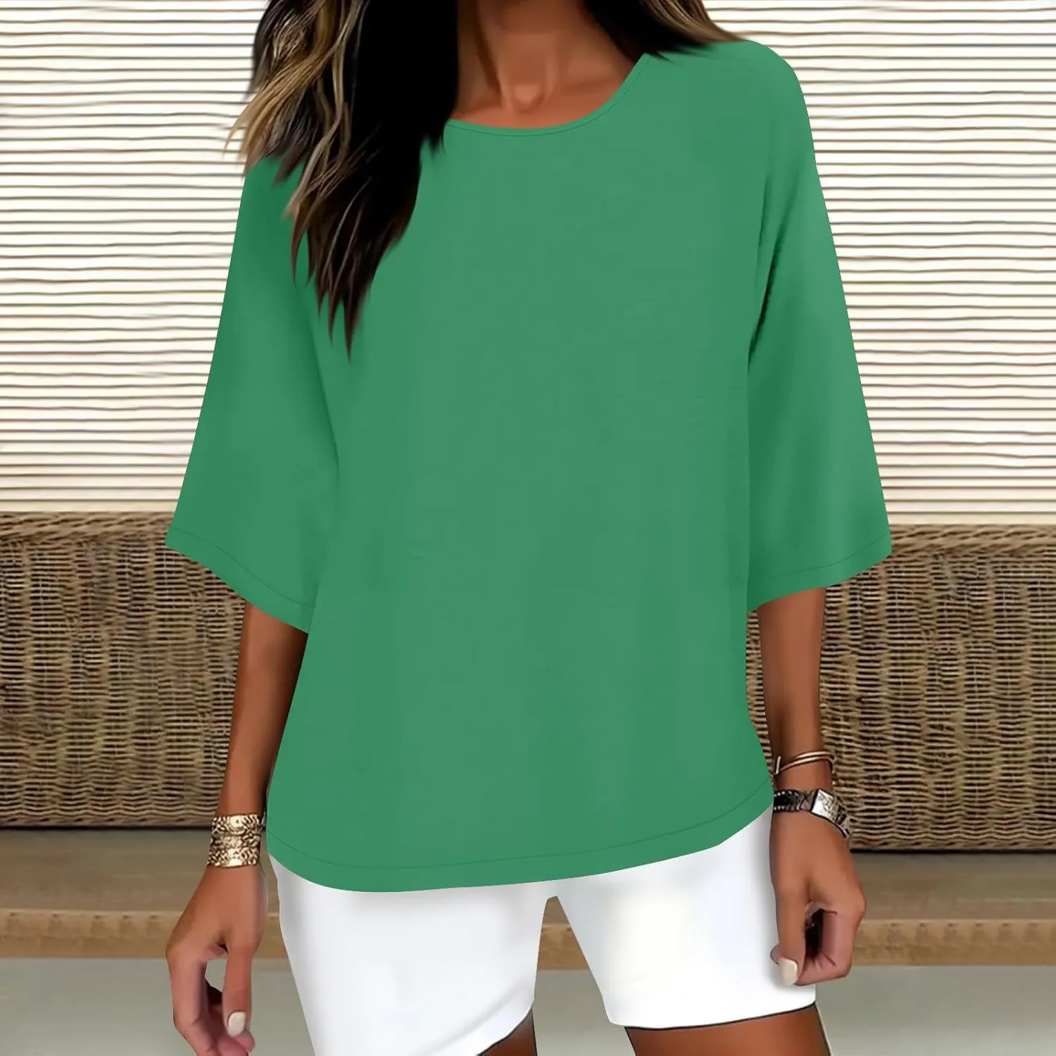 3/4 Sleeve Linen Tops for Women Loose Fit Round Neck Shirts Cotton Solid Color Summer Beach Tee Oversized Shirts