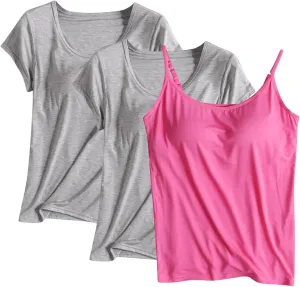 3PCS T-Shirt with Built-in Bra Women Workout Yoga Tops Short Sleeve Padded Bras Soft Pajama Tops Athletic Shirts