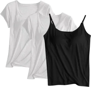 3PCS T-Shirt with Built-in Bra Women Workout Yoga Tops Short Sleeve Padded Bras Soft Pajama Tops Athletic Shirts