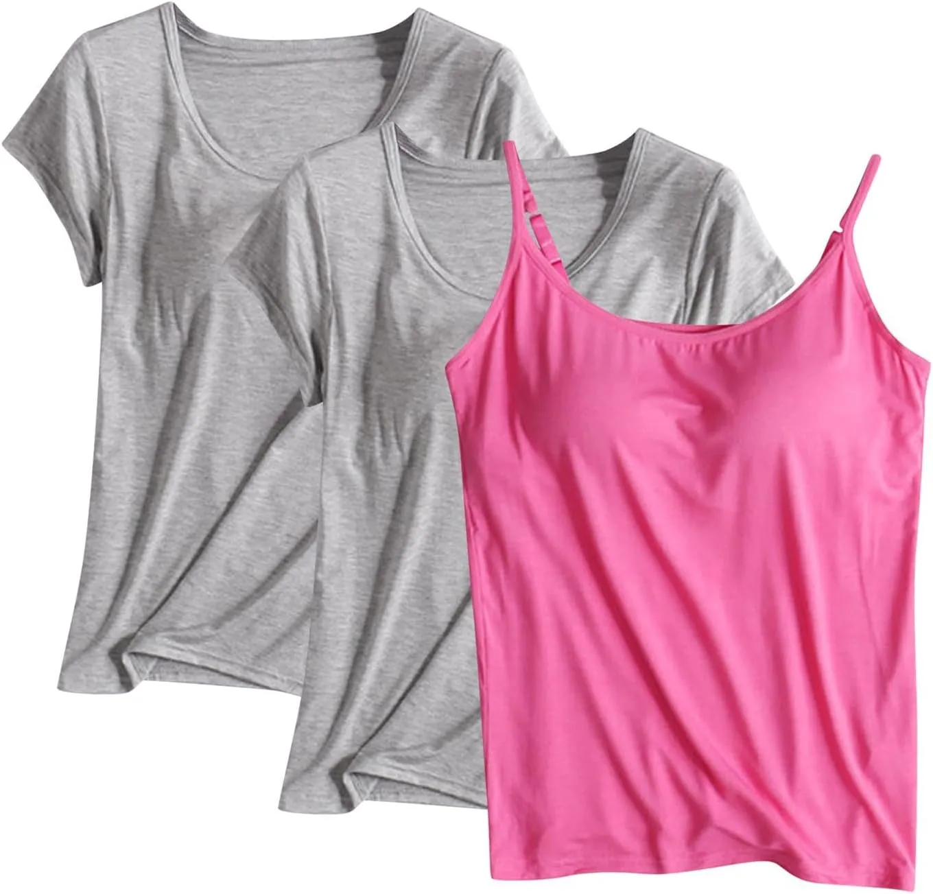 3PCS T-Shirt with Built-in Bra Women Workout Yoga Tops Short Sleeve Padded Bras Soft Pajama Tops Athletic Shirts