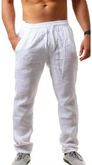 Akklian Linen Pants for Men Summer Casual Elastic Waist Drawstring Beach Pants Lightweight Breathable Straight-Legs Trousers