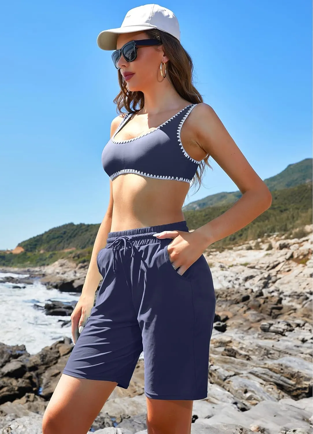ALove Women's 9" Swim Shorts High Waisted Swim Board Shorts with Pockets UPF 50  Swimsuit Bottoms Built-in Brief