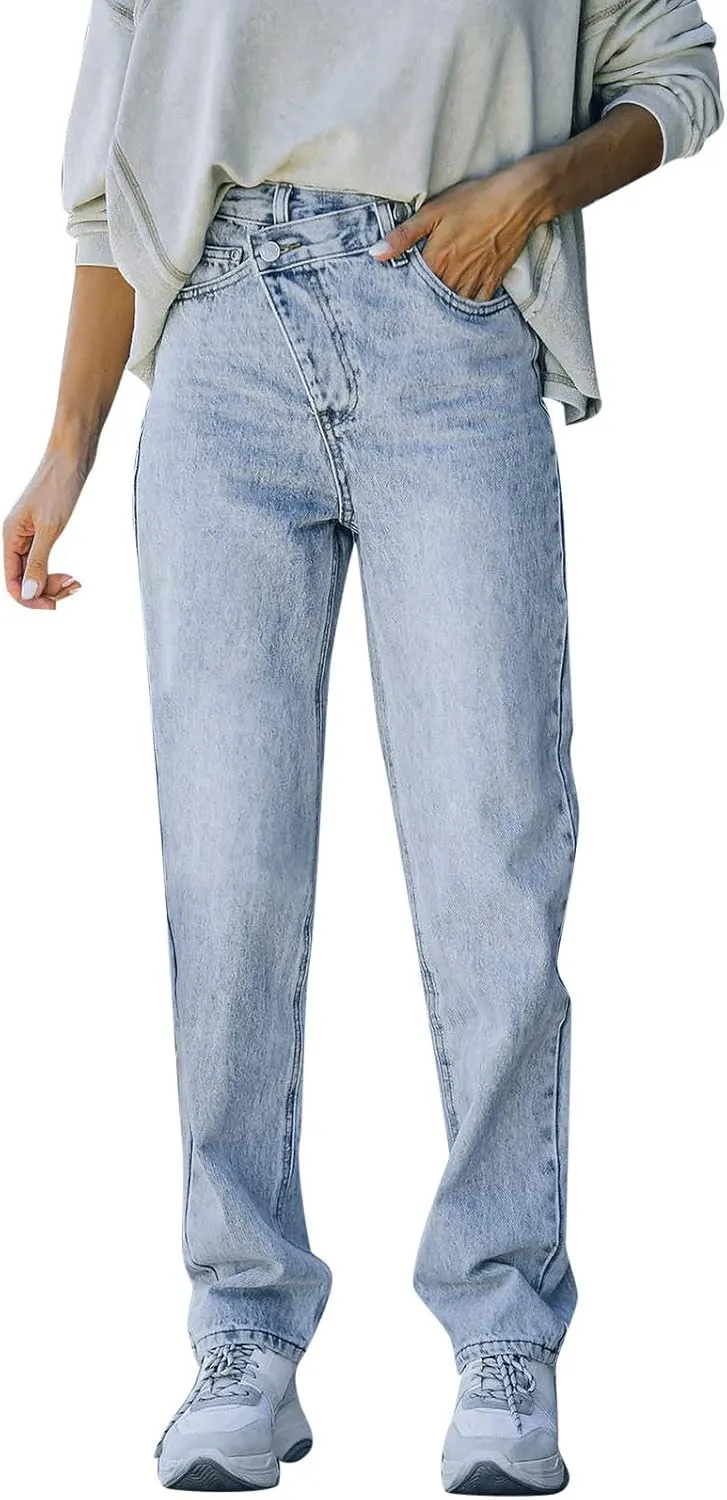 Anotherchill Sweatpant Jeans High Waisted Straight Leg Denim Pants Loose Fit Stretchy Cropped Pant with Pockets