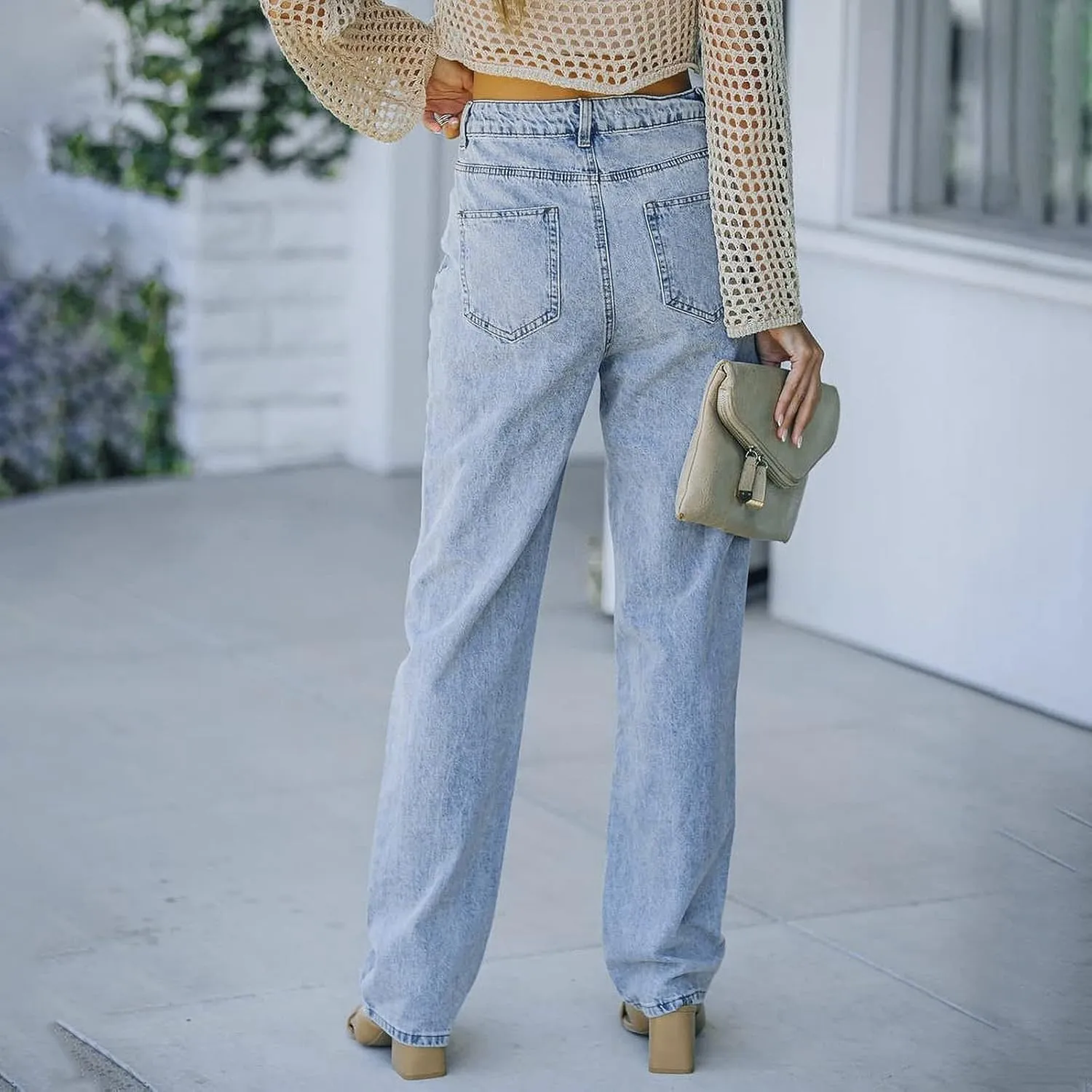 Anotherchill Sweatpant Jeans High Waisted Straight Leg Denim Pants Loose Fit Stretchy Cropped Pant with Pockets