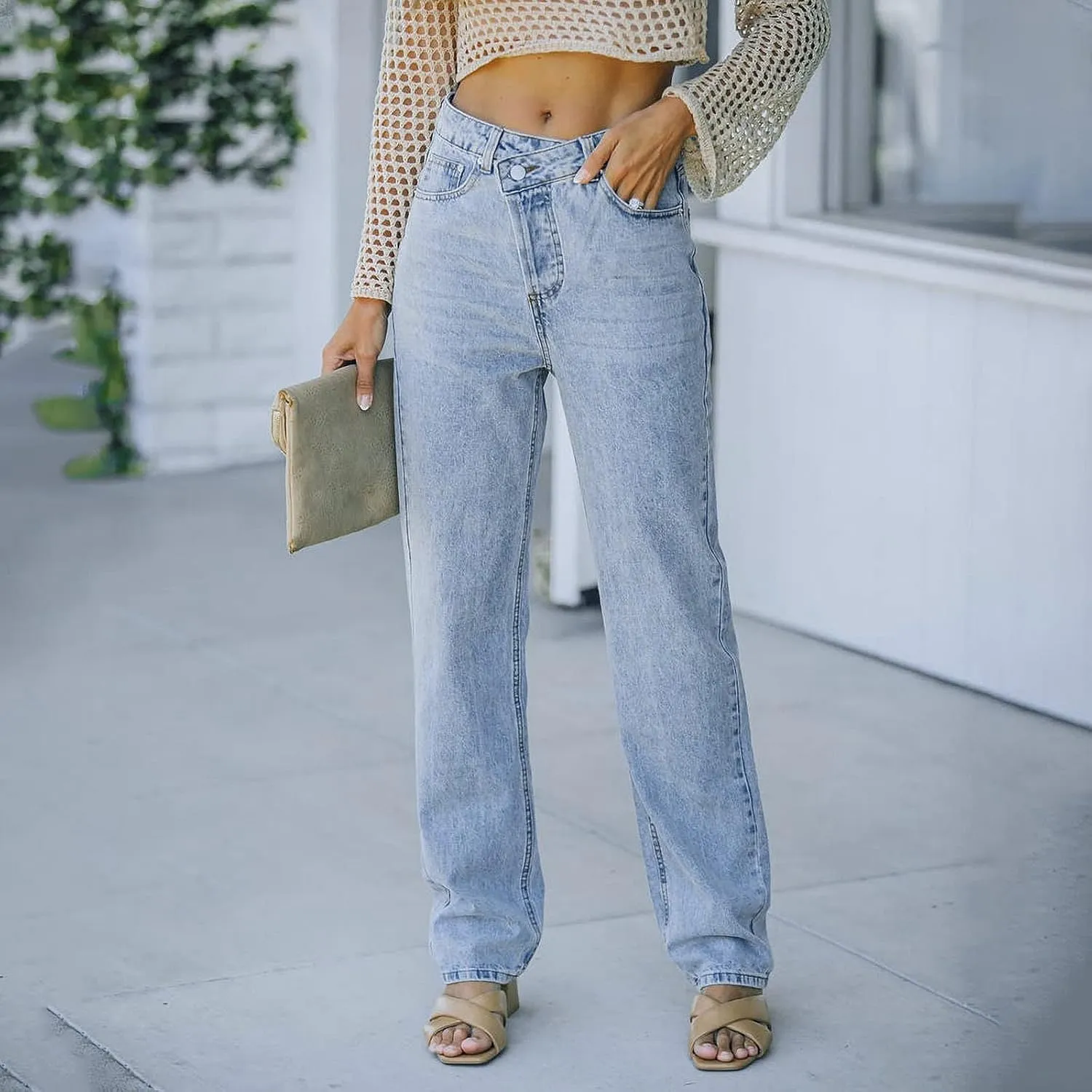Anotherchill Sweatpant Jeans High Waisted Straight Leg Denim Pants Loose Fit Stretchy Cropped Pant with Pockets