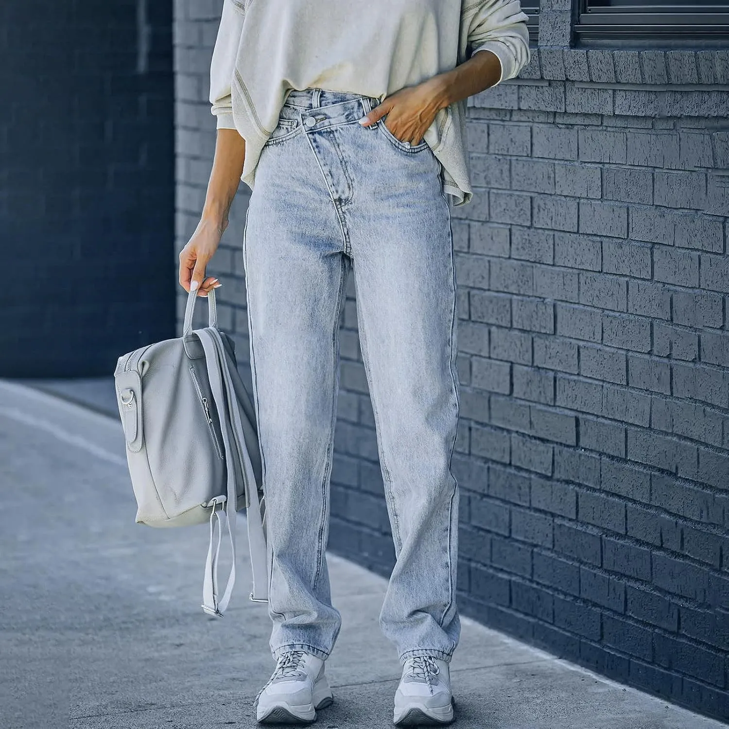 Anotherchill Sweatpant Jeans High Waisted Straight Leg Denim Pants Loose Fit Stretchy Cropped Pant with Pockets