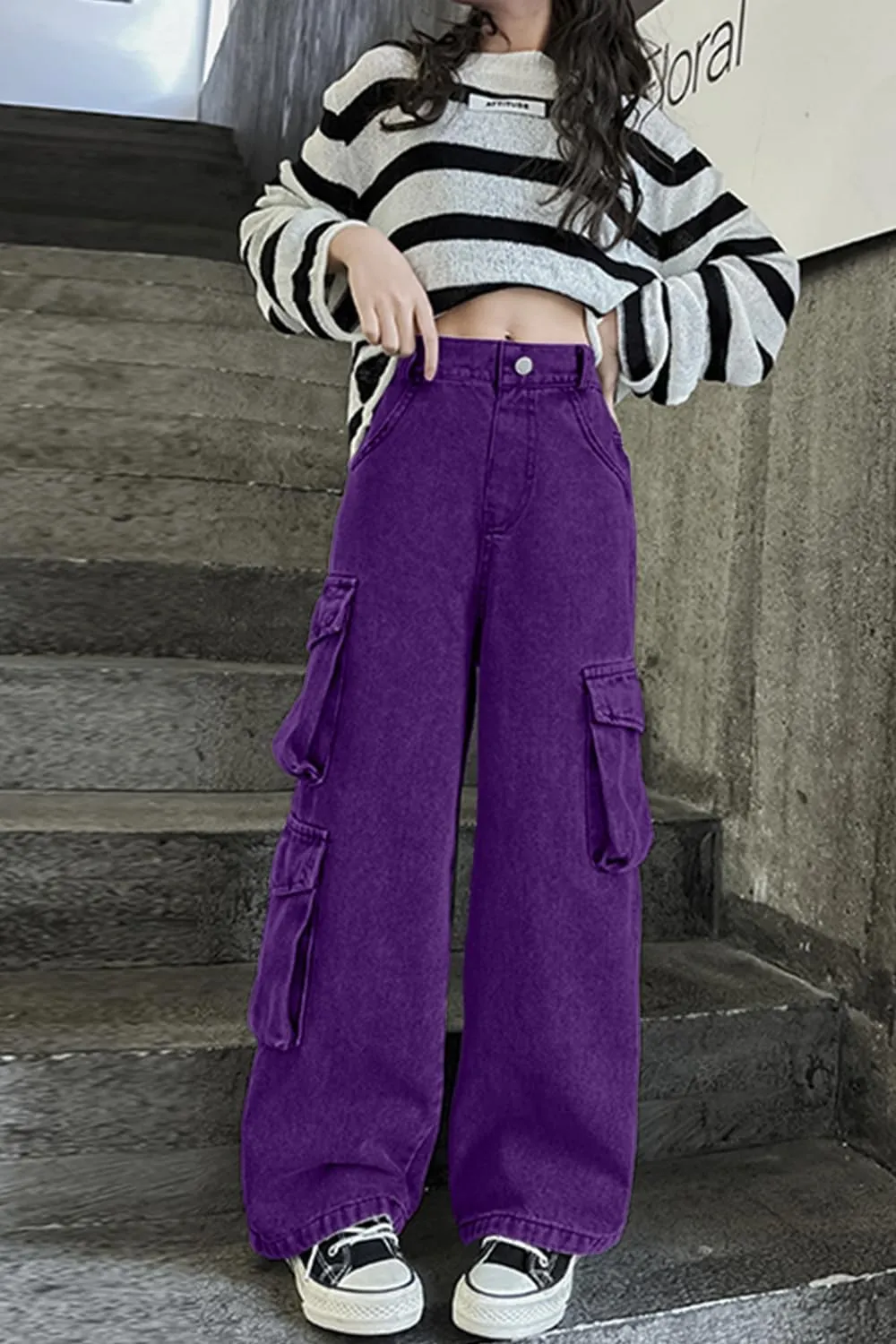 AOWKULAE Girls Jeans Elastic Waist Wide Leg Pants Kids Jeans 4-14 Years