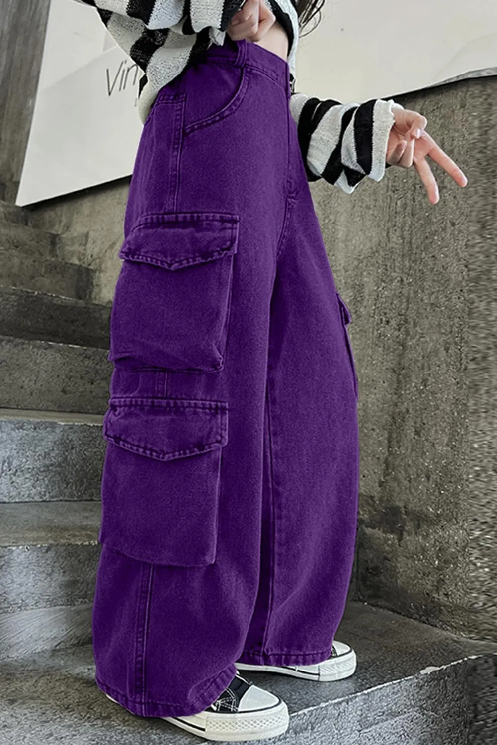AOWKULAE Girls Jeans Elastic Waist Wide Leg Pants Kids Jeans 4-14 Years