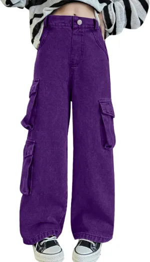 AOWKULAE Girls Jeans Elastic Waist Wide Leg Pants Kids Jeans 4-14 Years