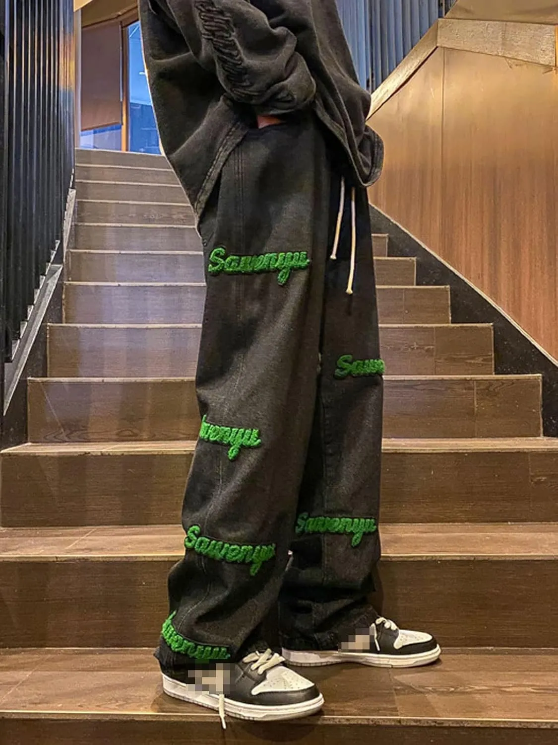 Astellarie Mens Streetwear Gothic Loose Fit Hip Hop Baggy Straight Leg Jeans Pants Denim Trousers with Pockets