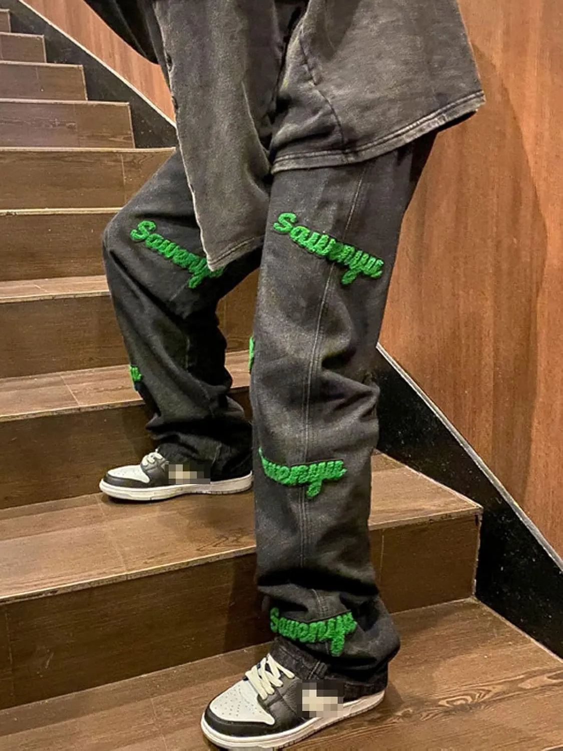 Astellarie Mens Streetwear Gothic Loose Fit Hip Hop Baggy Straight Leg Jeans Pants Denim Trousers with Pockets