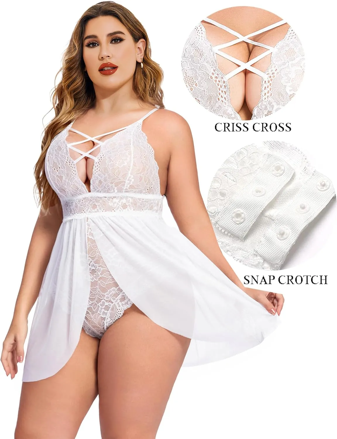 Avidlove Plus Size Babydoll Womens Snap Crotch Lingerie V Neck Lace Nighty Sleepwear L-5XL