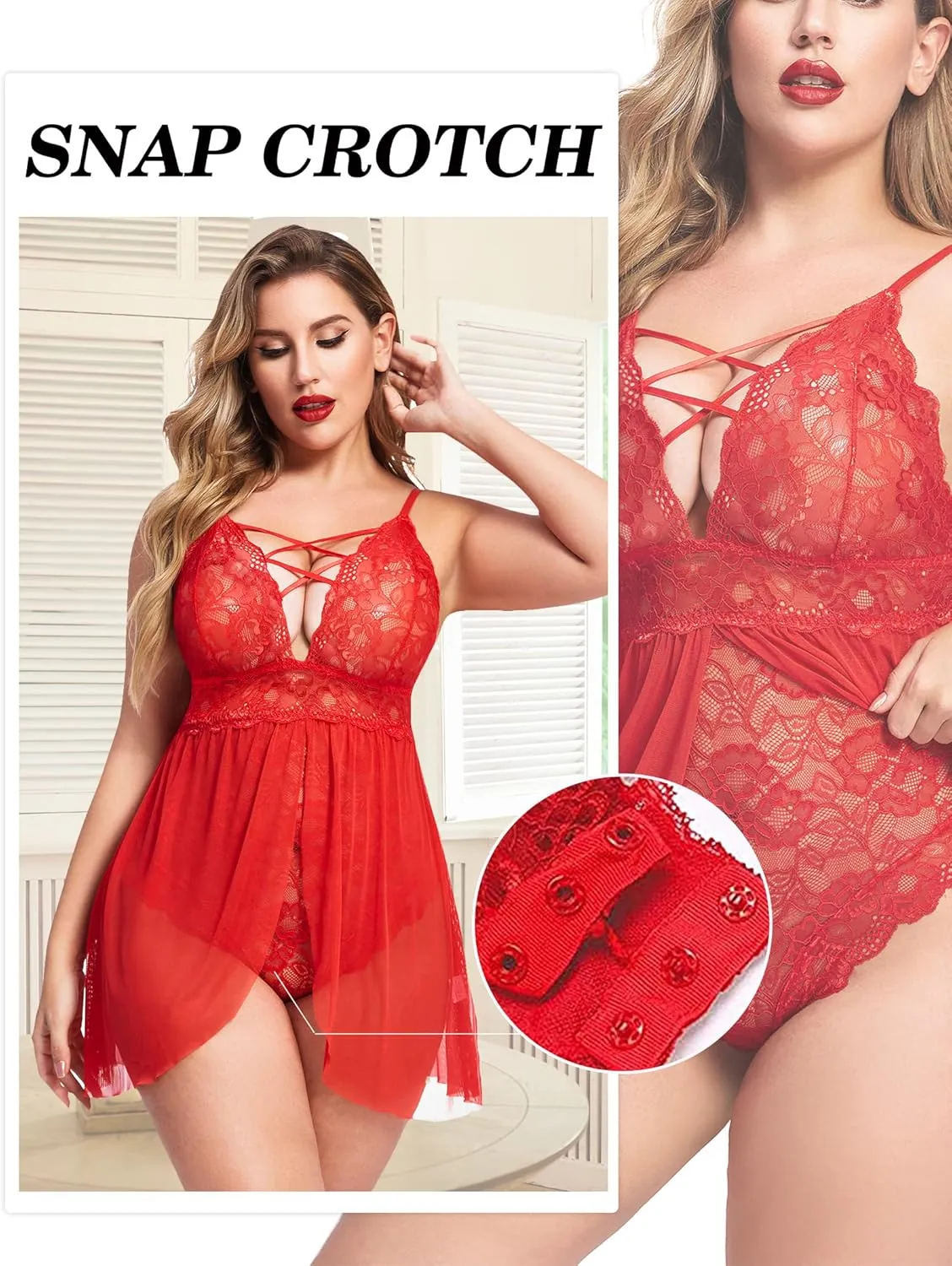 Avidlove Plus Size Babydoll Womens Snap Crotch Lingerie V Neck Lace Nighty Sleepwear L-5XL