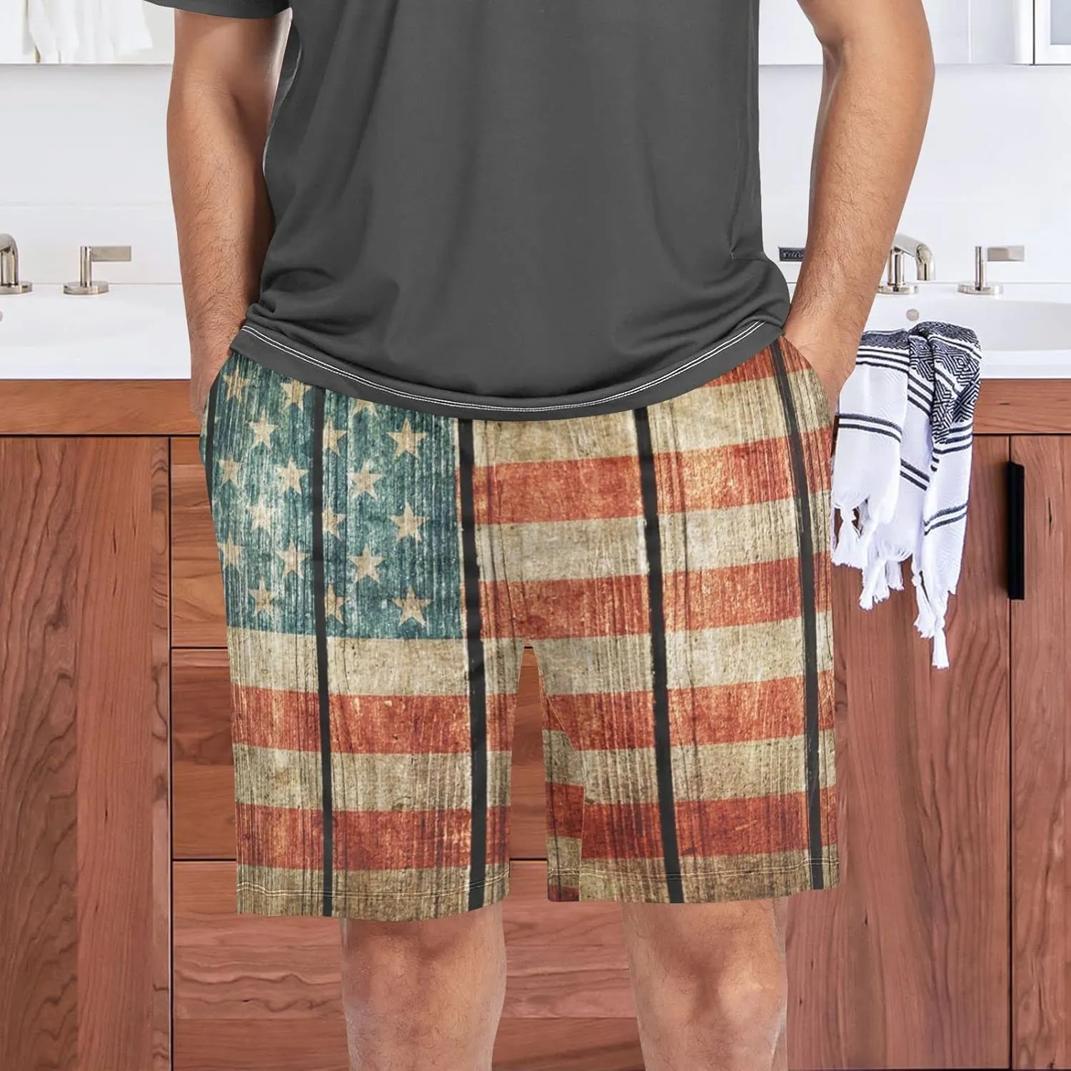 Bald Eagle On American Flag Patriotic USA Design Men's Pajama Pants Shorts Sleepwear Lounge Pajama Bottoms