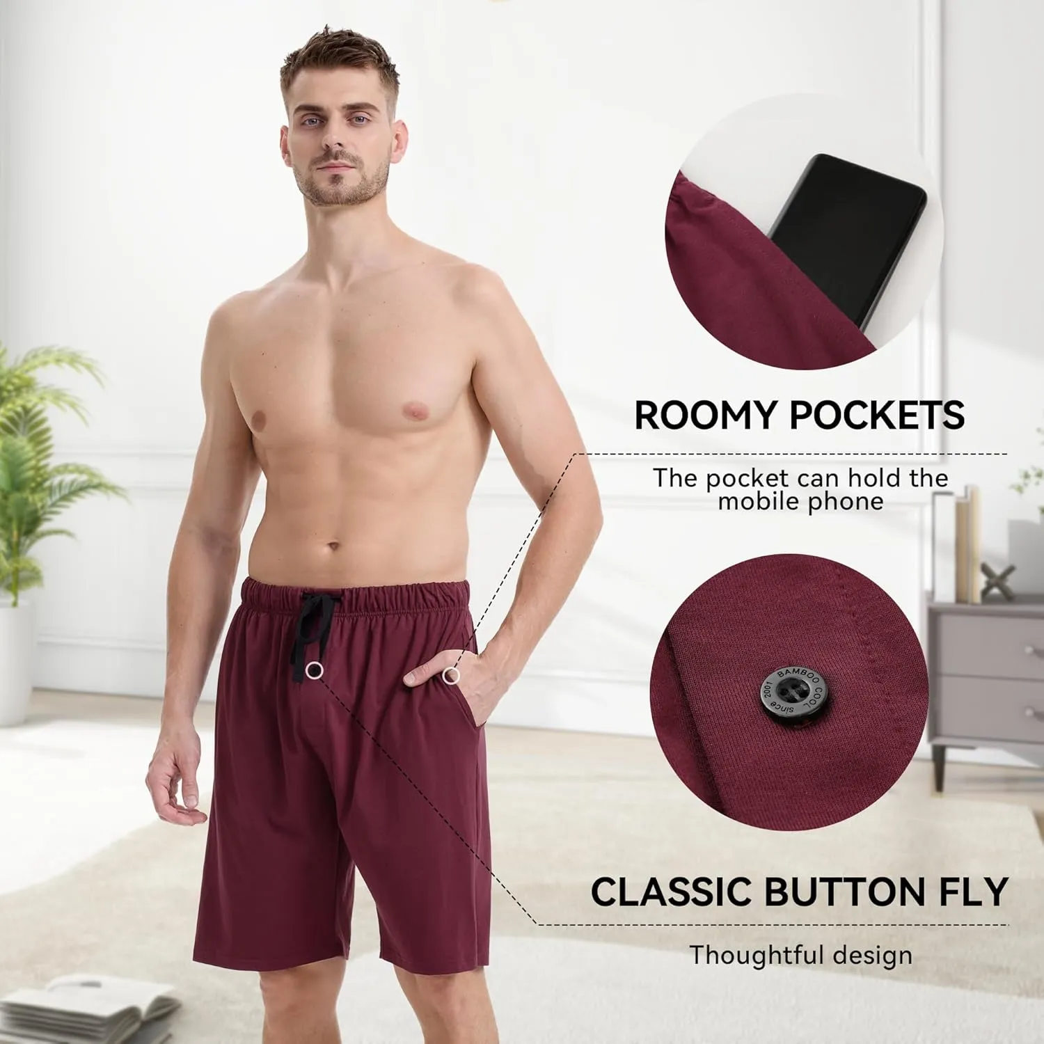 BAMBOO COOL Men's Pajama Shorts Soft Breathable Lounge Relaxing Comfy Sleepwear Pajamas Bottoms with Pockets 2 Pack