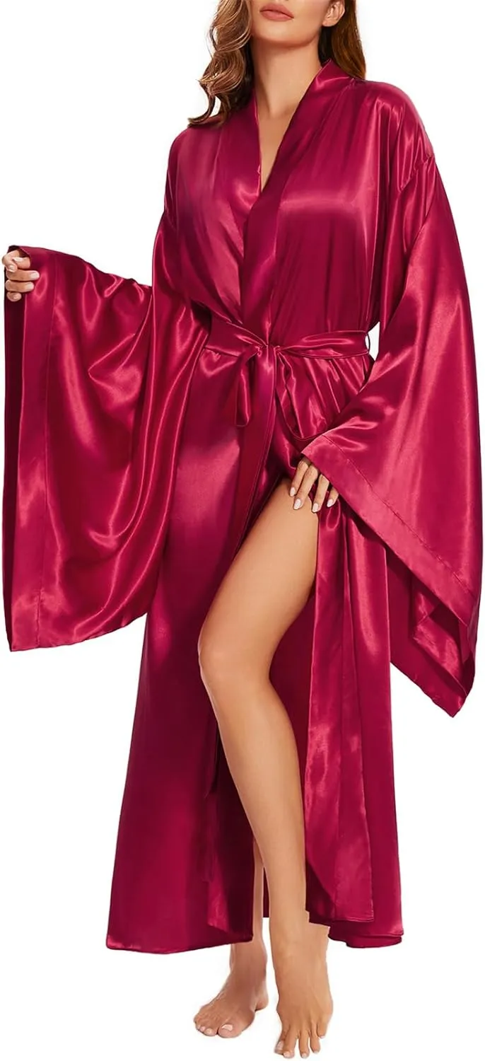 BATHGOWN Women's Silk Kimono Long Robe Satin Bridesmaid Wedding Sleepwear Beach Blouses Bikini Cover Up Plus Size