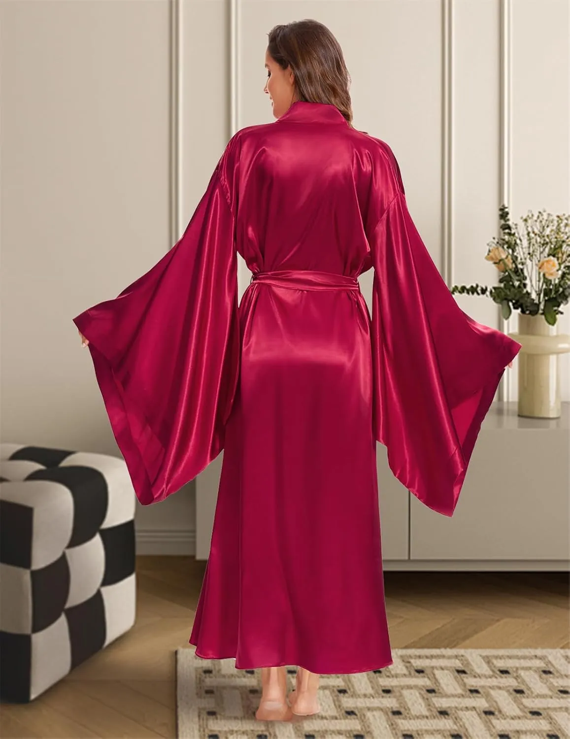 BATHGOWN Women's Silk Kimono Long Robe Satin Bridesmaid Wedding Sleepwear Beach Blouses Bikini Cover Up Plus Size