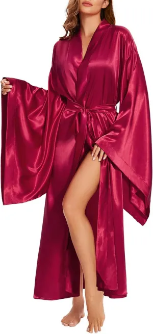 BATHGOWN Women's Silk Kimono Long Robe Satin Bridesmaid Wedding Sleepwear Beach Blouses Bikini Cover Up Plus Size