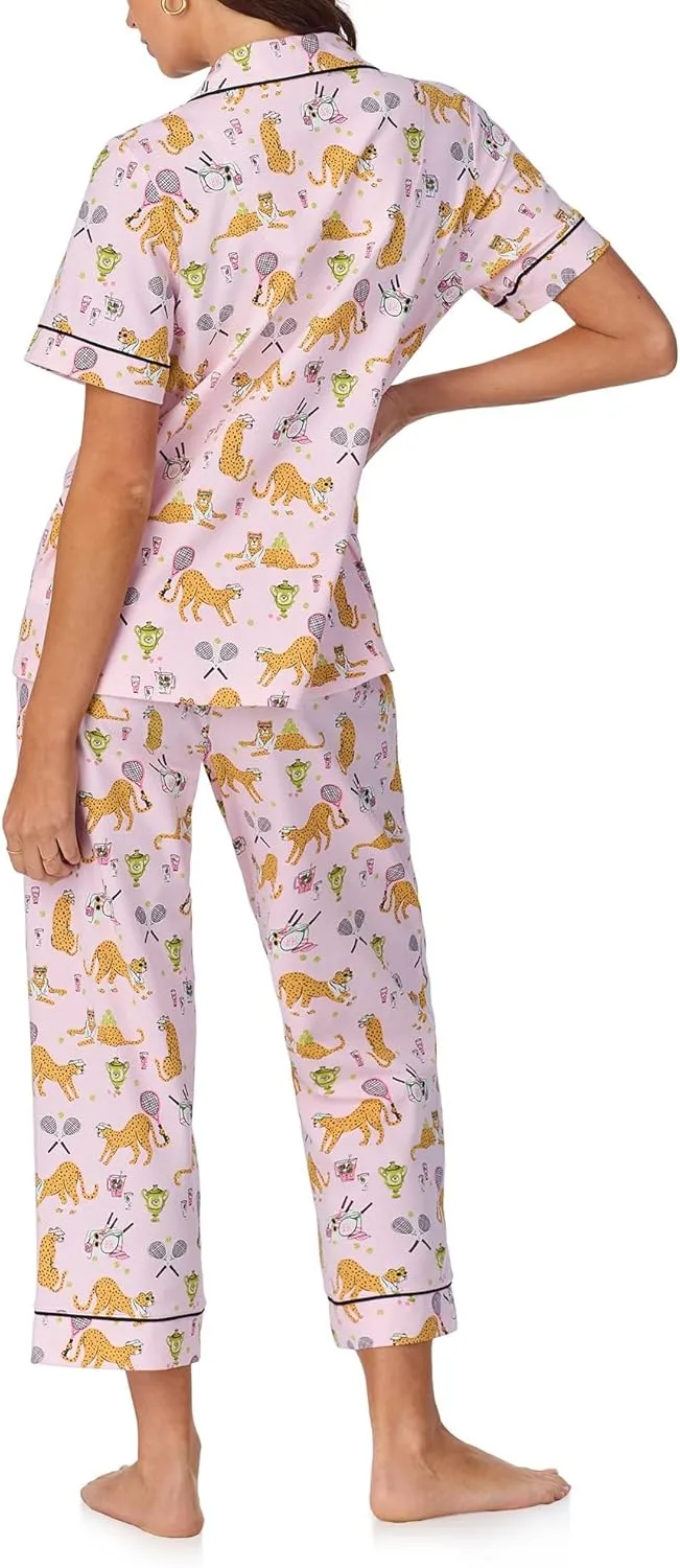 BedHead PJs Womens 3/4 Sleeve Notch Collar & Cropped Pants Sleepwear Pajama Set, Organic Cotton