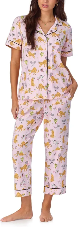 BedHead PJs Womens 3/4 Sleeve Notch Collar & Cropped Pants Sleepwear Pajama Set, Organic Cotton