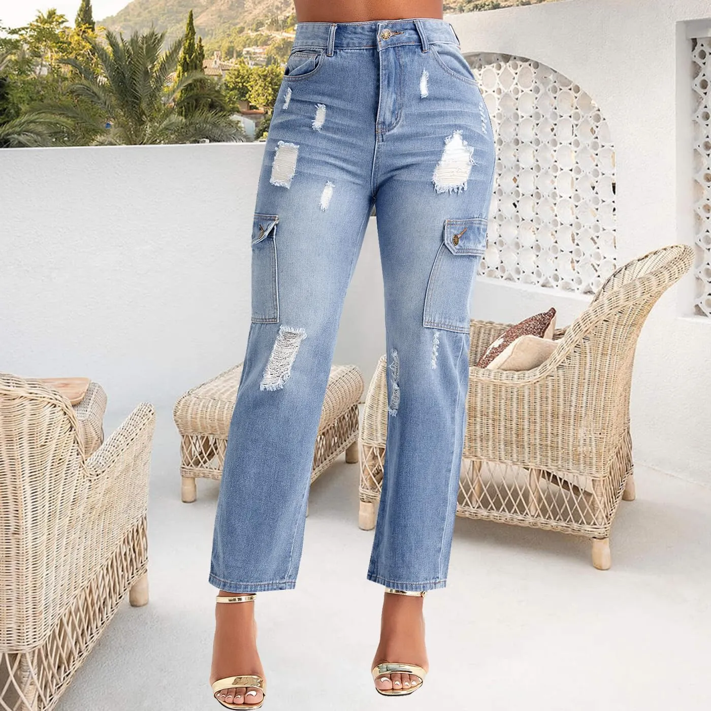 BessCops Women's Boyfriend Trendy Jeans Ripped High Waisted Straight Leg Loose Fit Distressed Zipper Fly Hole Denim