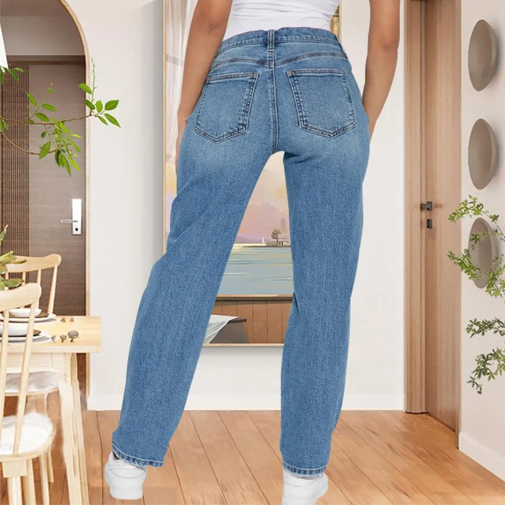 BessCops Women's Boyfriend Trendy Jeans Ripped High Waisted Straight Leg Loose Fit Distressed Zipper Fly Hole Denim