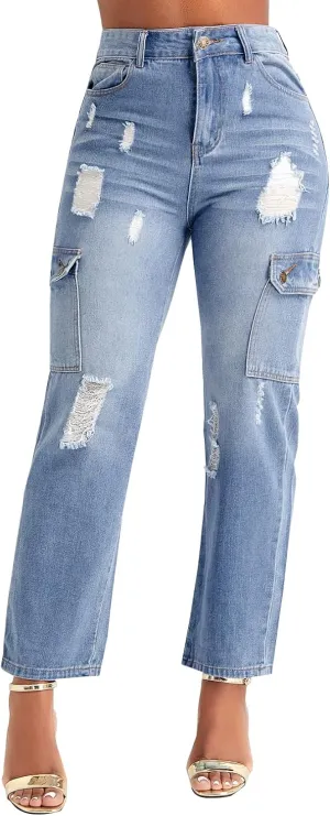 BessCops Women's Boyfriend Trendy Jeans Ripped High Waisted Straight Leg Loose Fit Distressed Zipper Fly Hole Denim