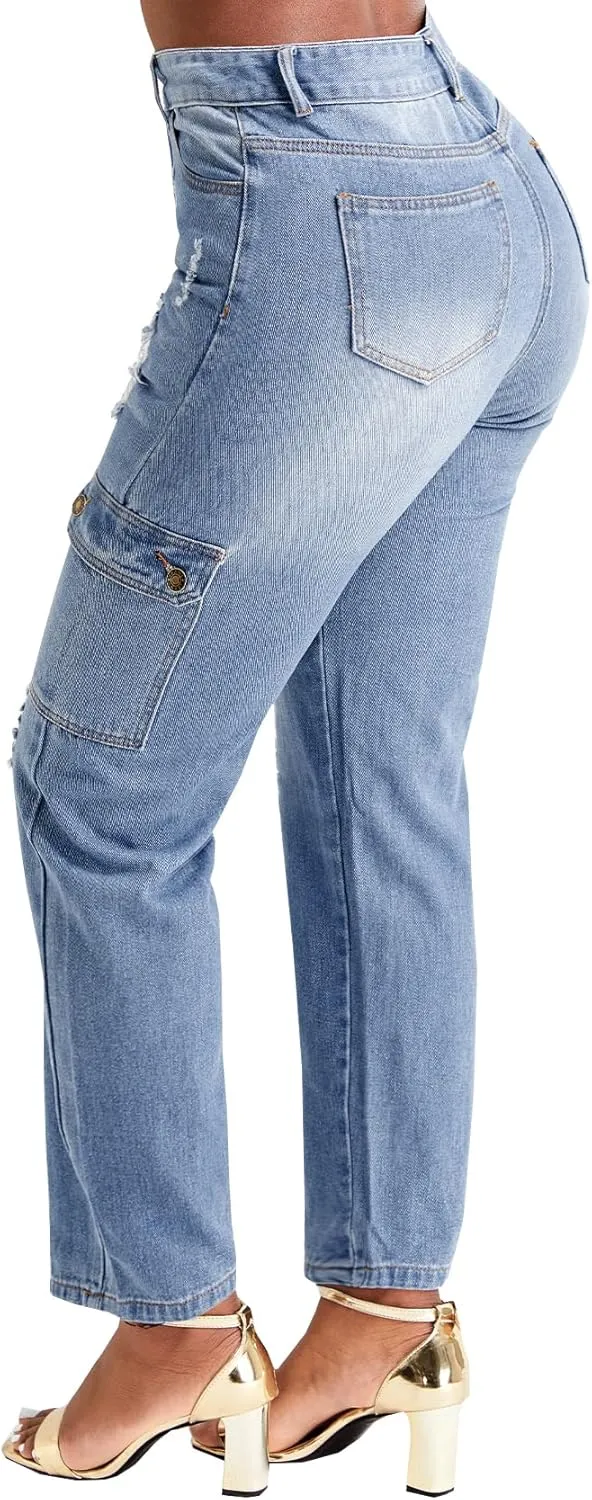 BessCops Women's Boyfriend Trendy Jeans Ripped High Waisted Straight Leg Loose Fit Distressed Zipper Fly Hole Denim