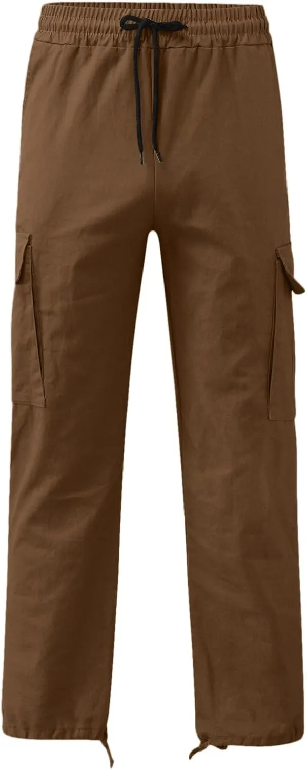 Big and Tall Men Cargo Pants with Multi Pockets Baggy Casual Drawstring Loose Fit Streetwear Fashion Simple Solid Trousers