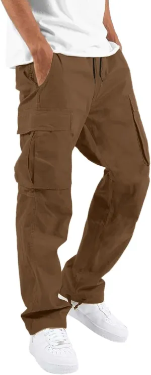 Big and Tall Men Cargo Pants with Multi Pockets Baggy Casual Drawstring Loose Fit Streetwear Fashion Simple Solid Trousers