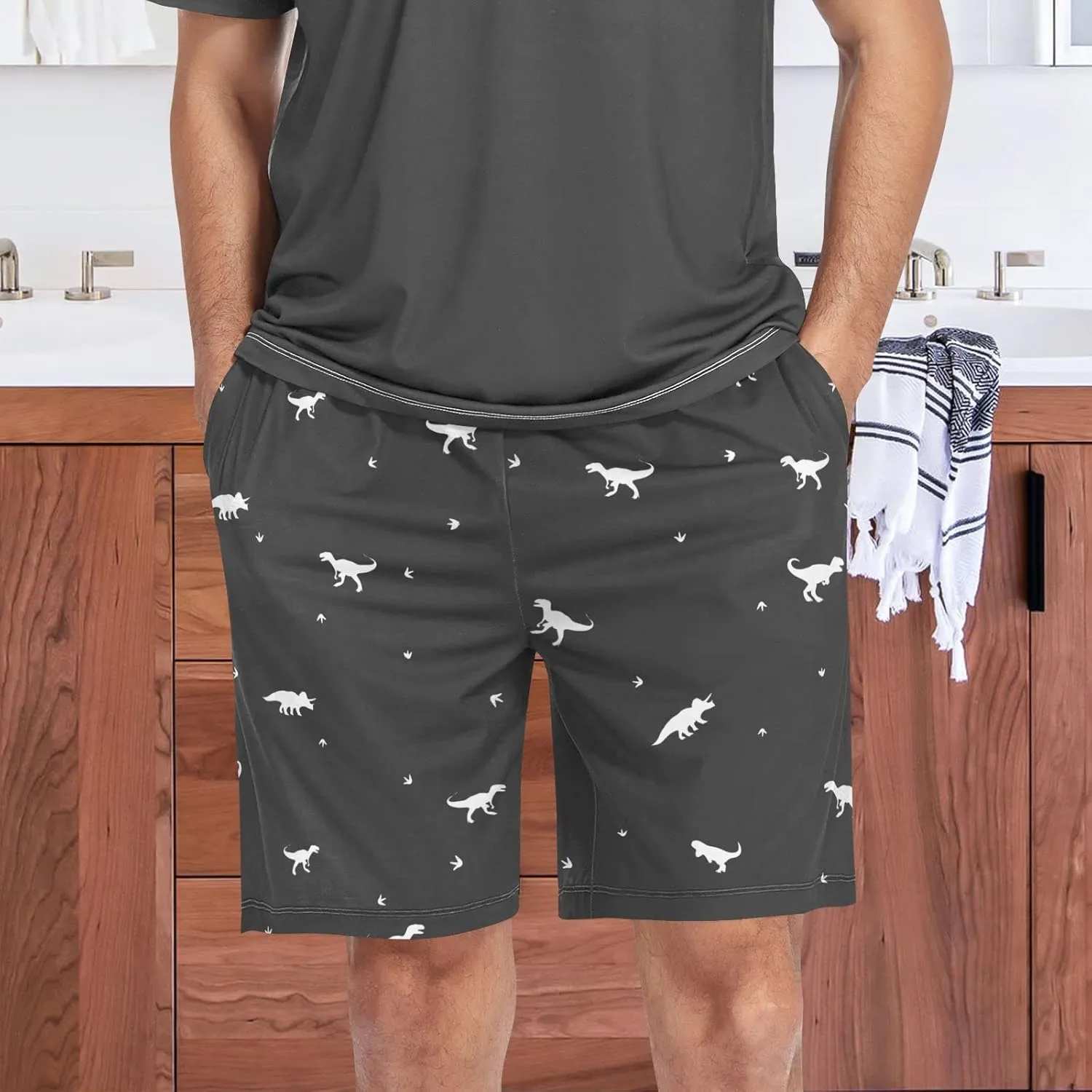 Black And White Dinosaur Pattern Men's Pajama Pants Shorts Sleepwear Lounge Pajama Bottoms