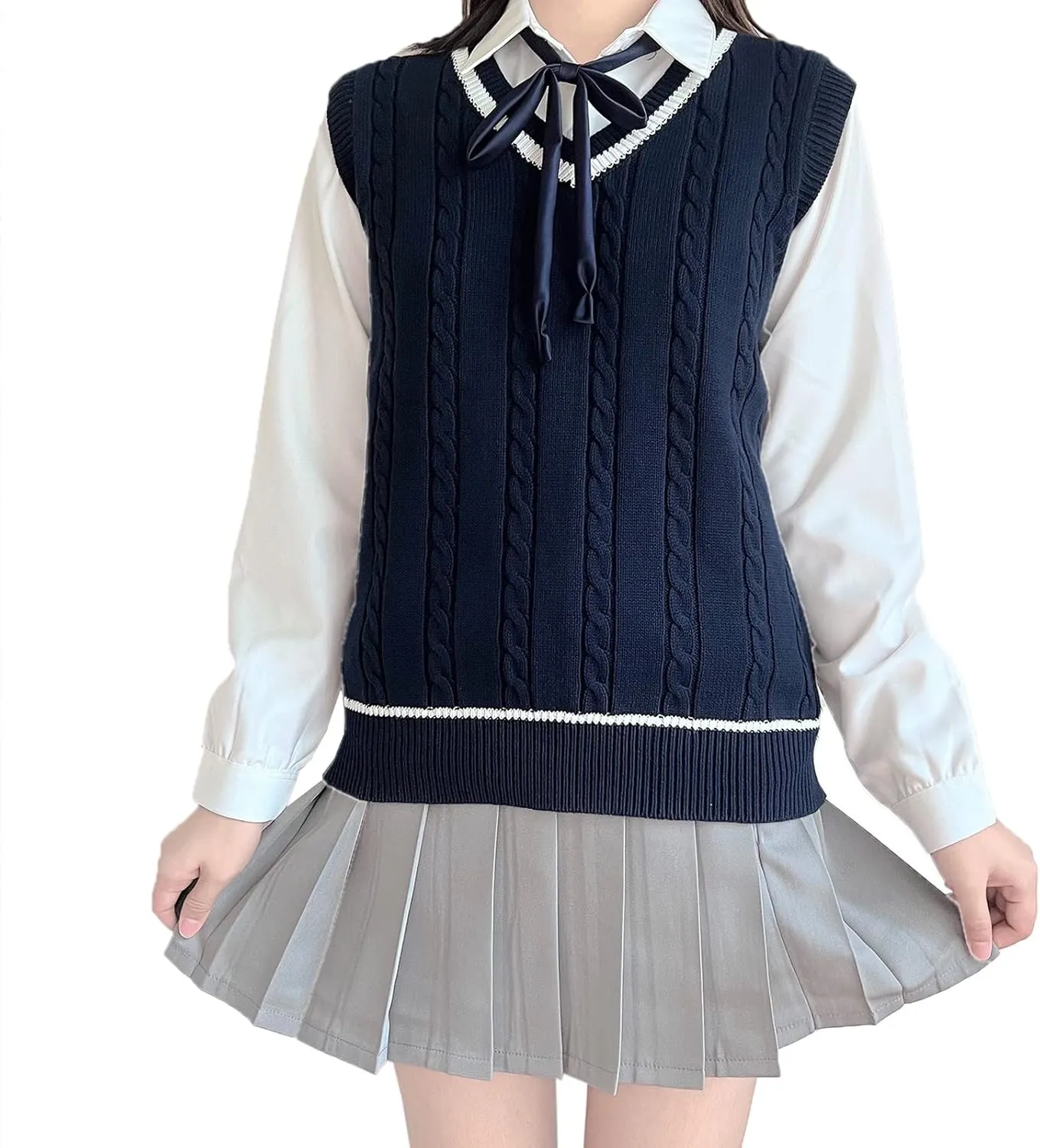 Blostirno Women’s Sweater Vest V Neck JK Uniform Kint Vests Solid Classic Sleeveless Pullover Sweaters Tops