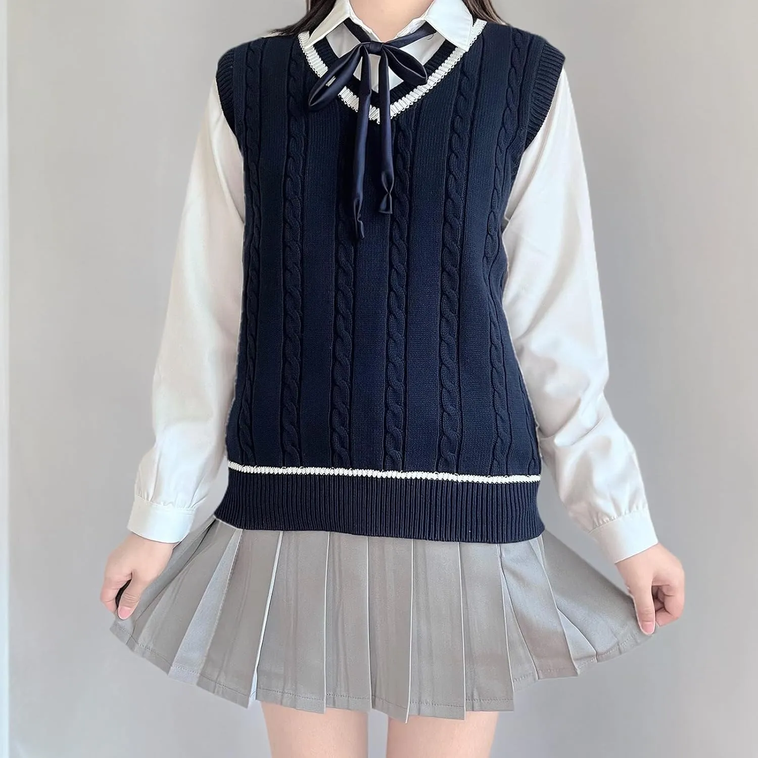 Blostirno Women’s Sweater Vest V Neck JK Uniform Kint Vests Solid Classic Sleeveless Pullover Sweaters Tops