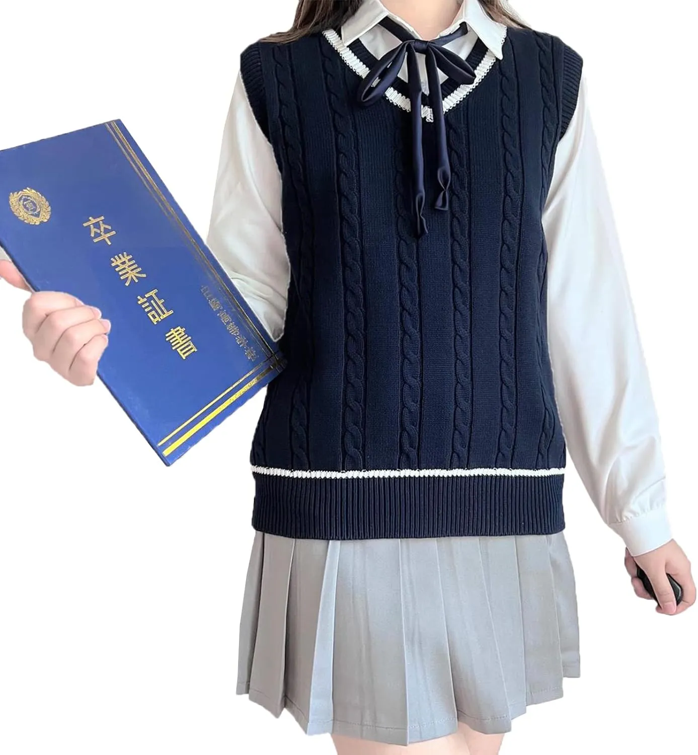 Blostirno Women’s Sweater Vest V Neck JK Uniform Kint Vests Solid Classic Sleeveless Pullover Sweaters Tops