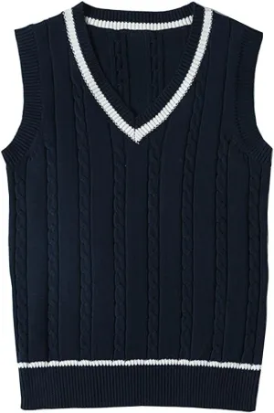 Blostirno Women’s Sweater Vest V Neck JK Uniform Kint Vests Solid Classic Sleeveless Pullover Sweaters Tops