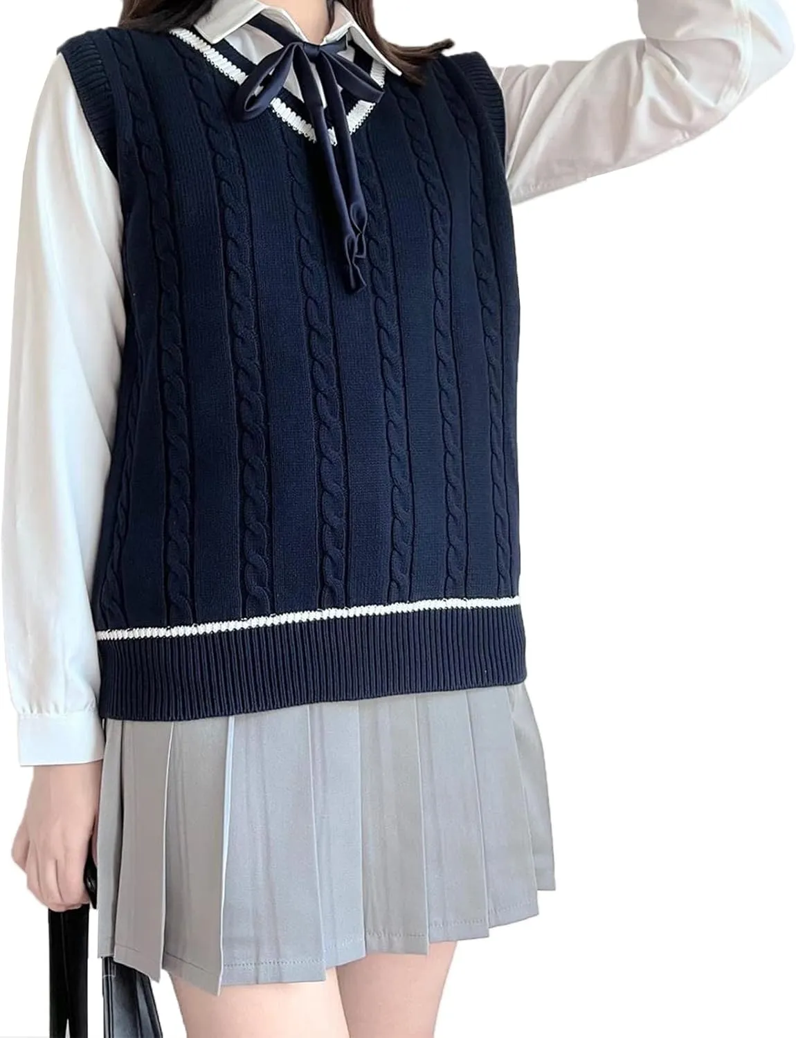 Blostirno Women’s Sweater Vest V Neck JK Uniform Kint Vests Solid Classic Sleeveless Pullover Sweaters Tops