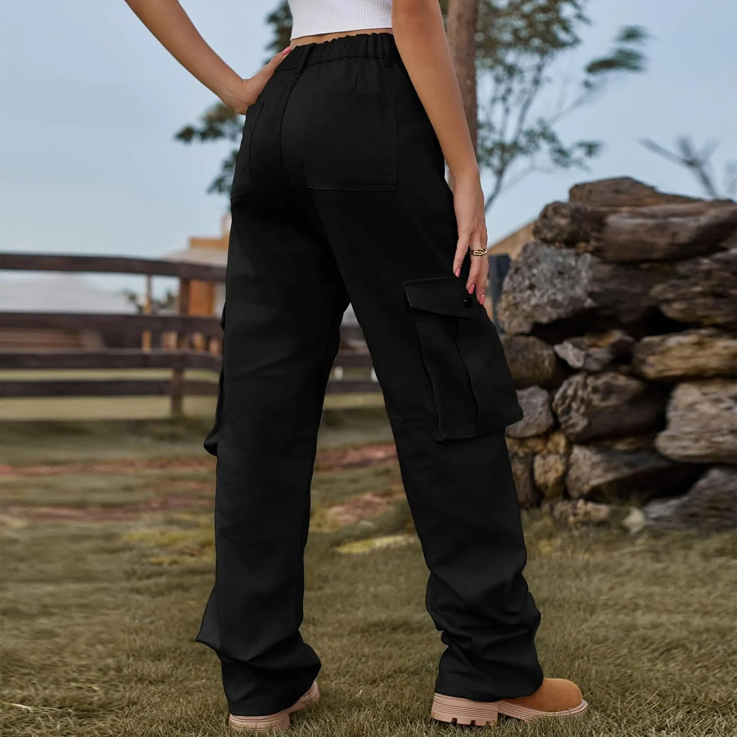 Bootcut Jeans for Women Mid Waist Cargo Bootleg Pant Loose Fit Straight Leg Denim Trouser Multi-pocket Wide Leg Jeans