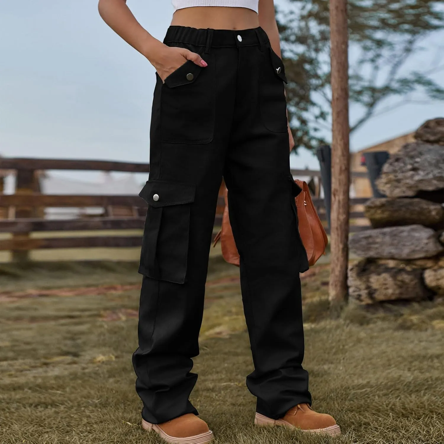 Bootcut Jeans for Women Mid Waist Cargo Bootleg Pant Loose Fit Straight Leg Denim Trouser Multi-pocket Wide Leg Jeans